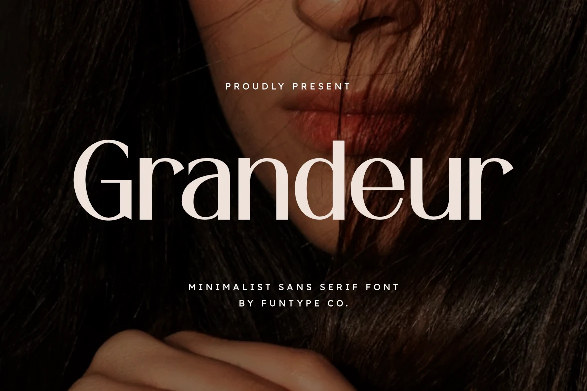 Grandeur Font preview with cream minimalist sans serif lettering, high contrast strokes, and elegant tall curves