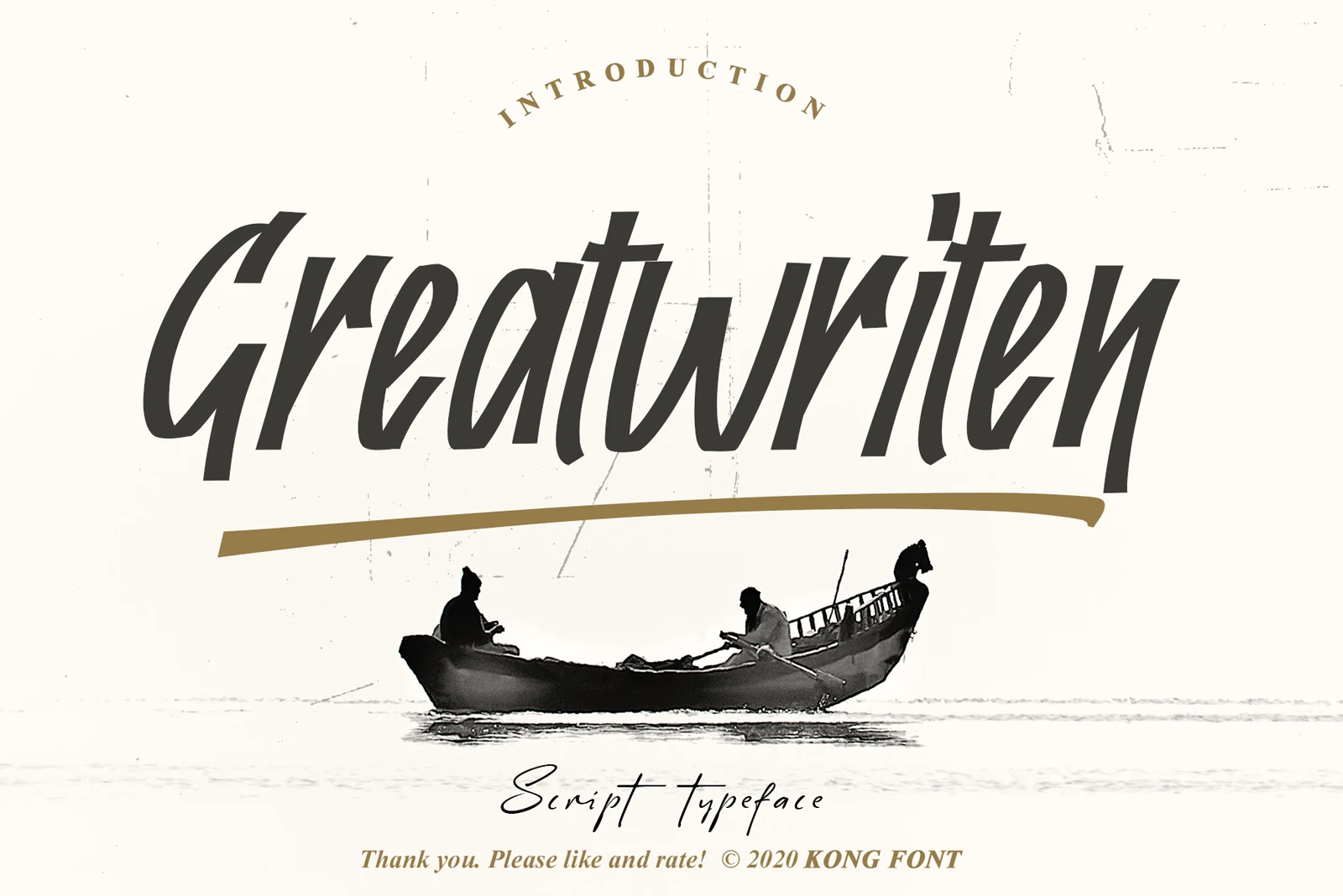Greatwriten Font preview with tall dark gray slanted script lettering and a vintage sign-painter feel