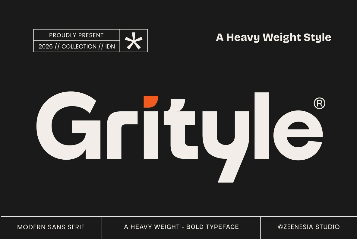 Grityle Font preview in heavy geometric sans serif lettering with a small orange accent