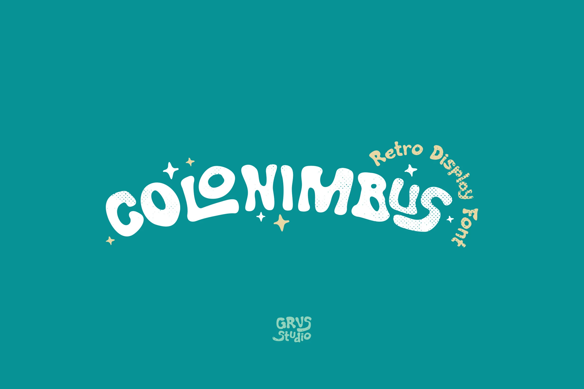 Grvs Colonimbus Retro Display Font preview with white bubbly curved retro lettering and speckled texture