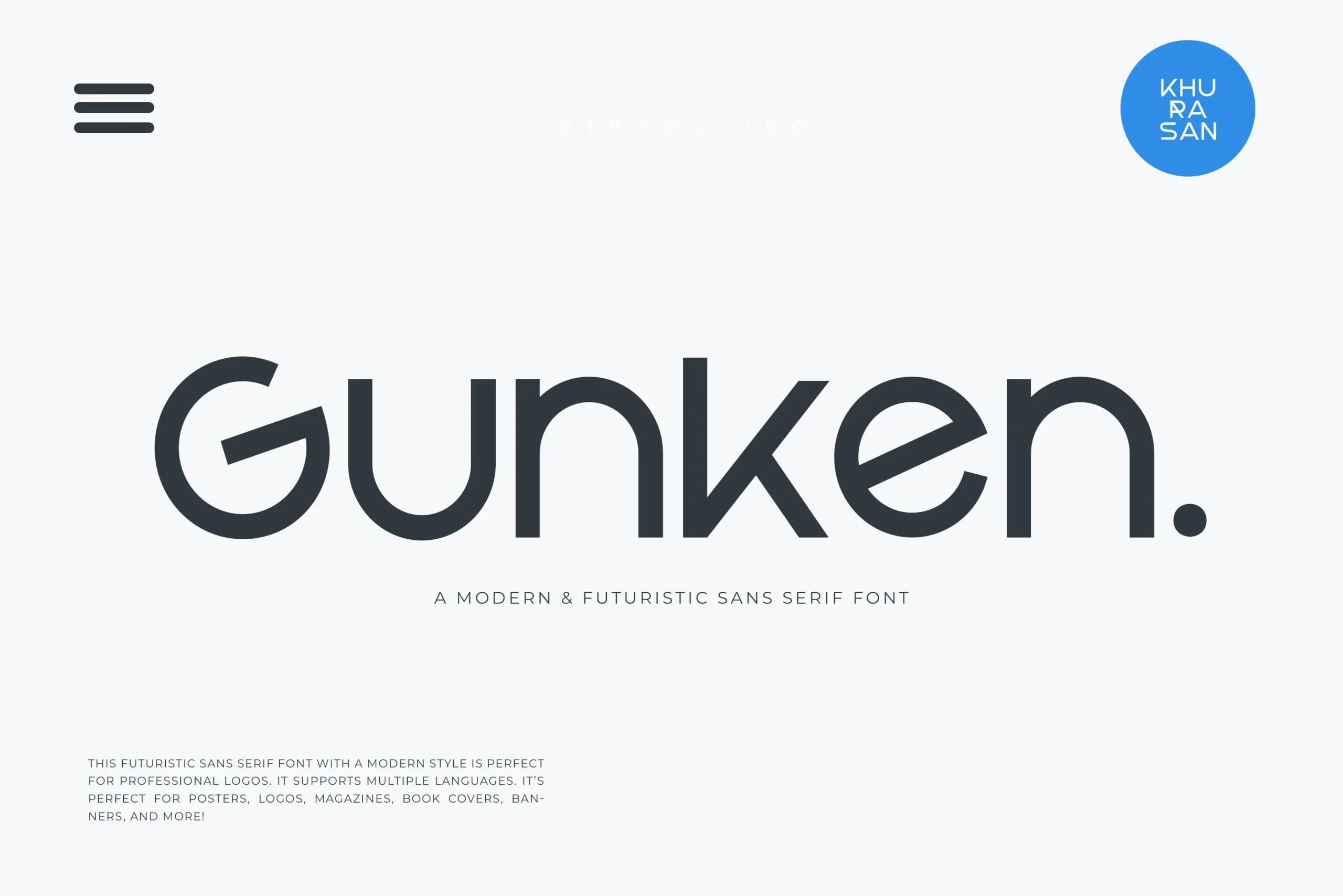 Gunken Font preview with futuristic rounded sans serif lettering, wide curves, and angular G for logo design