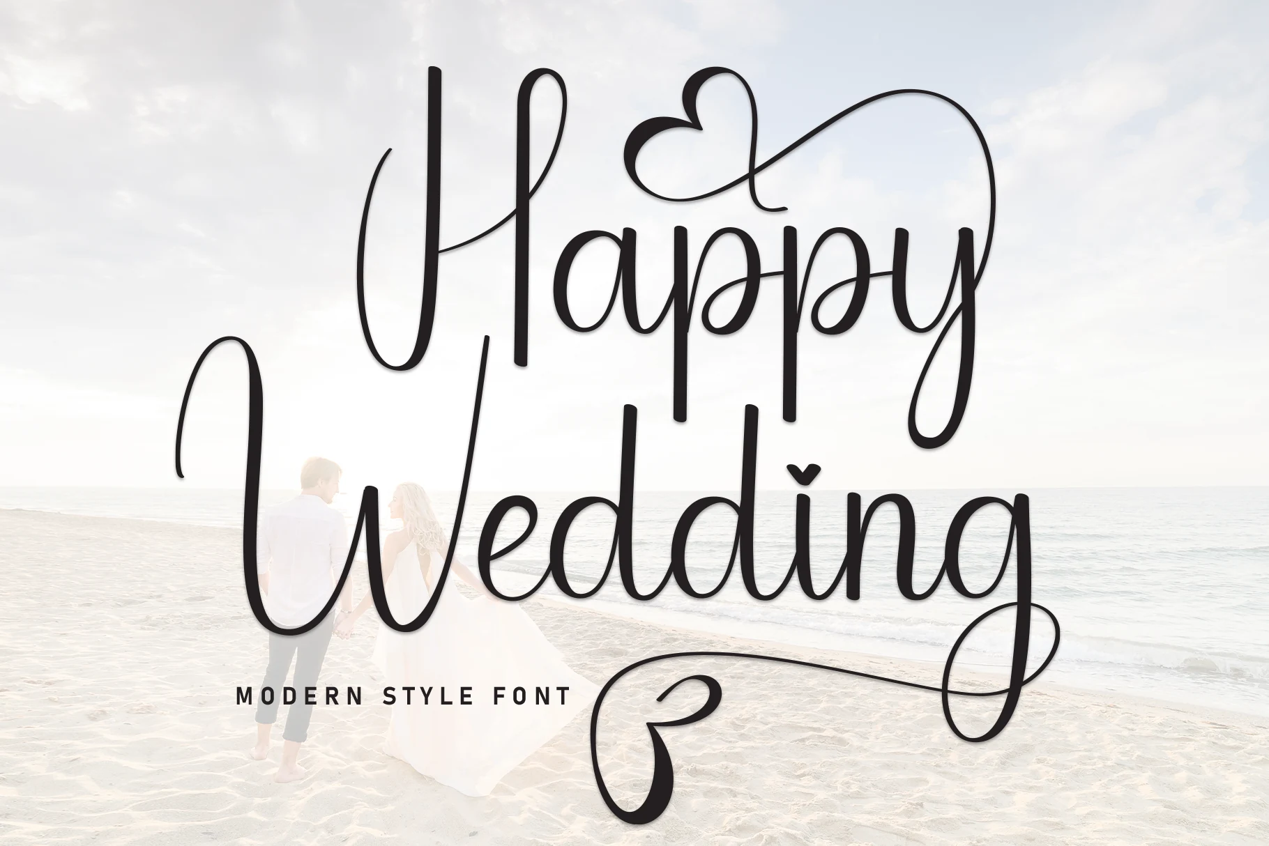 Happy Wedding Font preview with tall monoline script, looping swashes, and heart accents