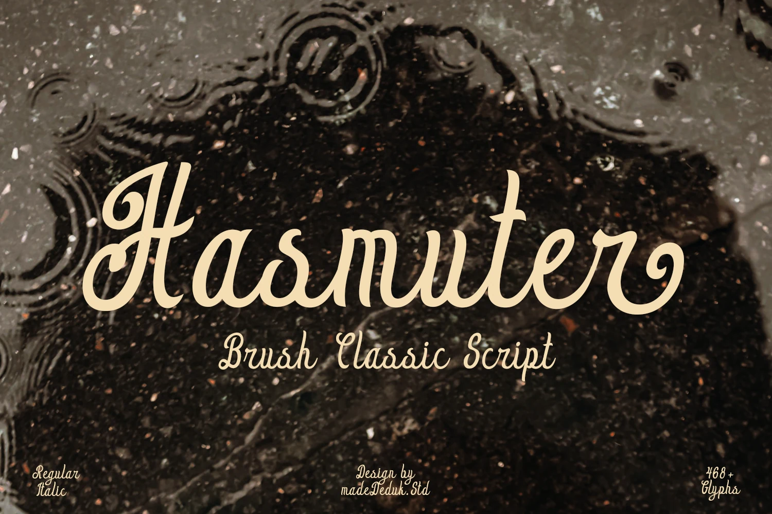 Hasmuter Font preview with cream retro brush script lettering and thick swashes