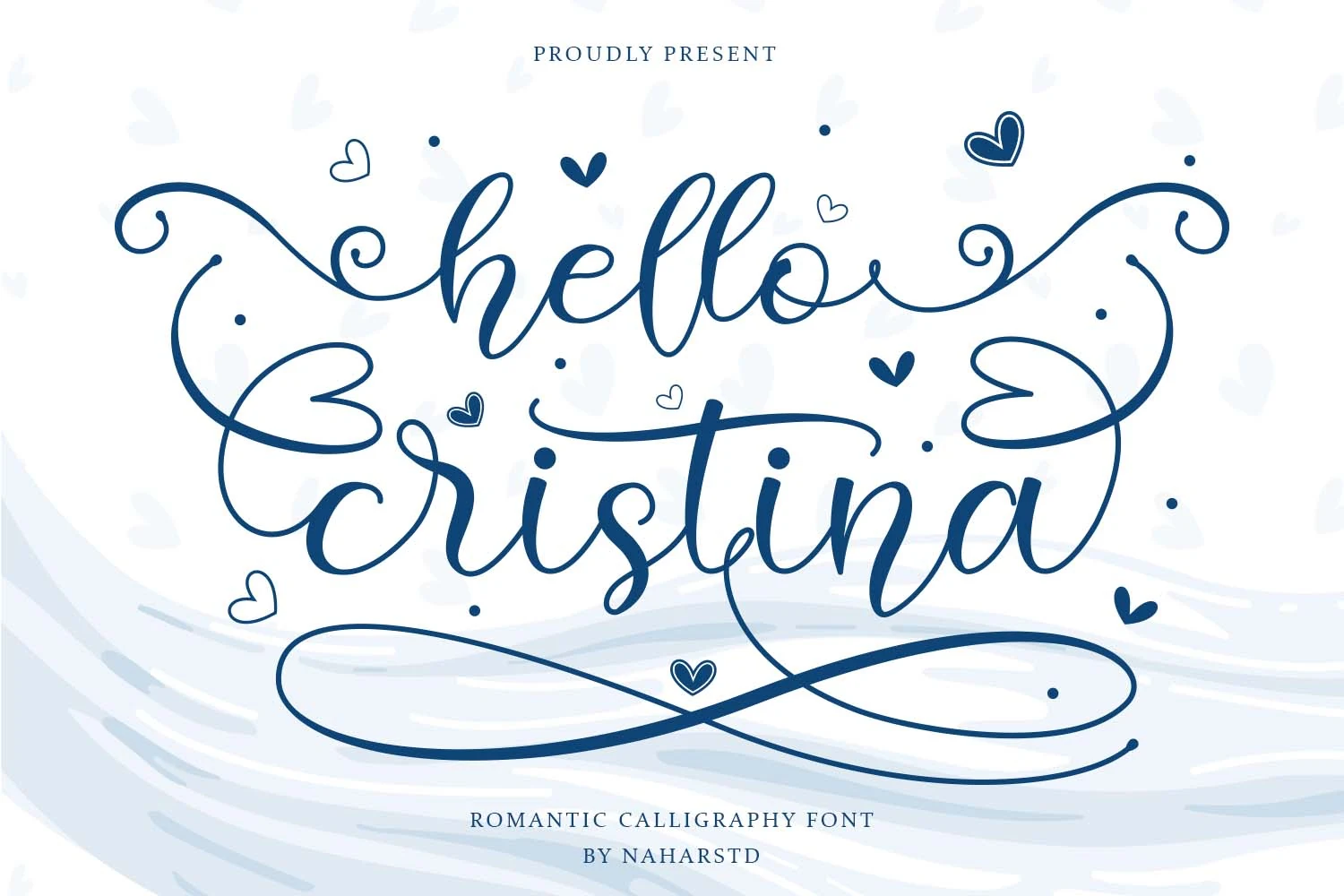 Hello Cristina Font preview with blue romantic script lettering, tall loops, and long flowing swashes