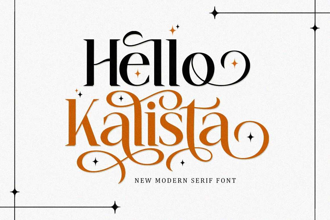Hello Kalista Font preview with elegant high-contrast serif letters and decorative swashes in black and orange
