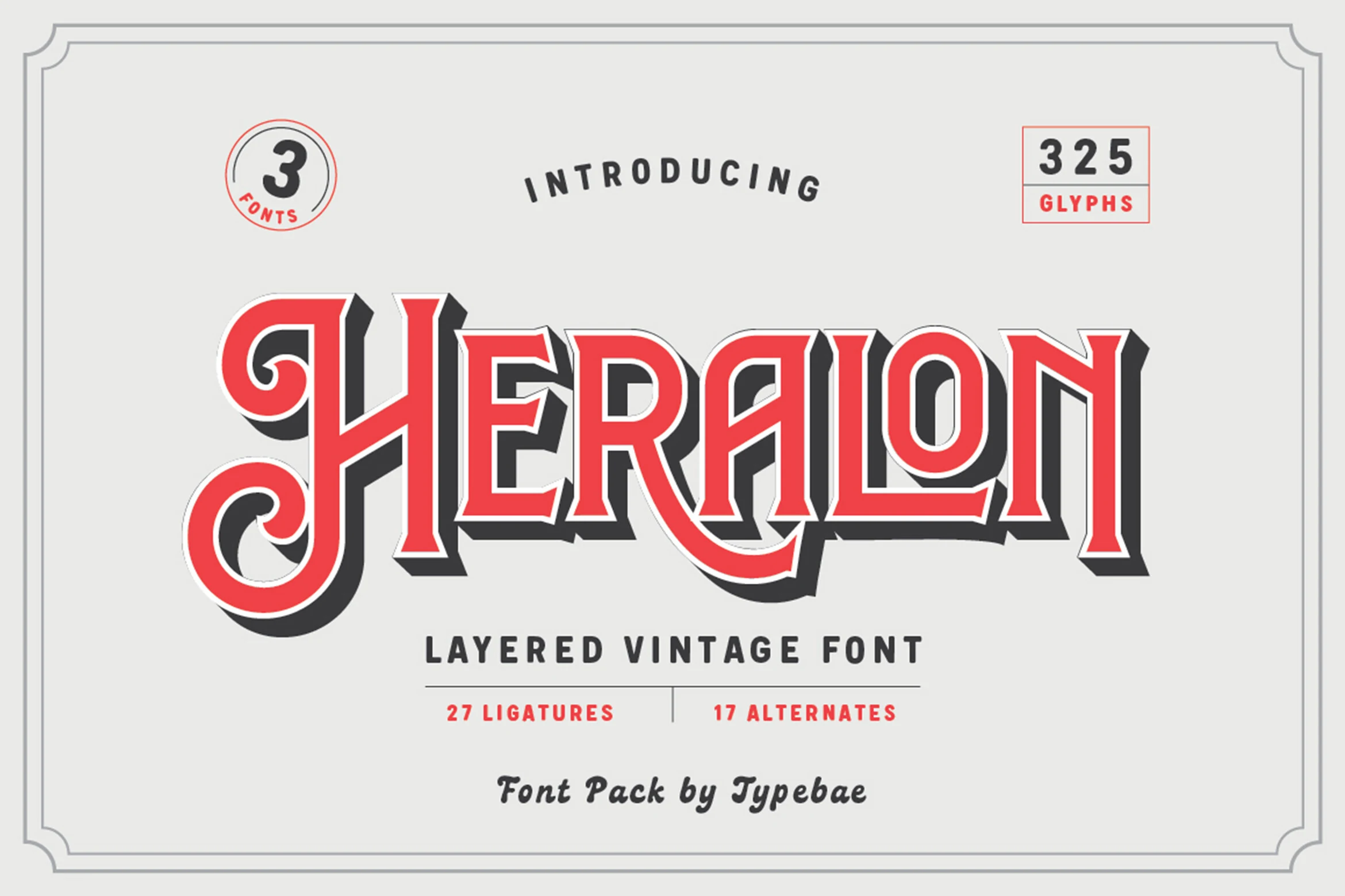 Heralon Font layered vintage serif preview in red with black 3D shadow