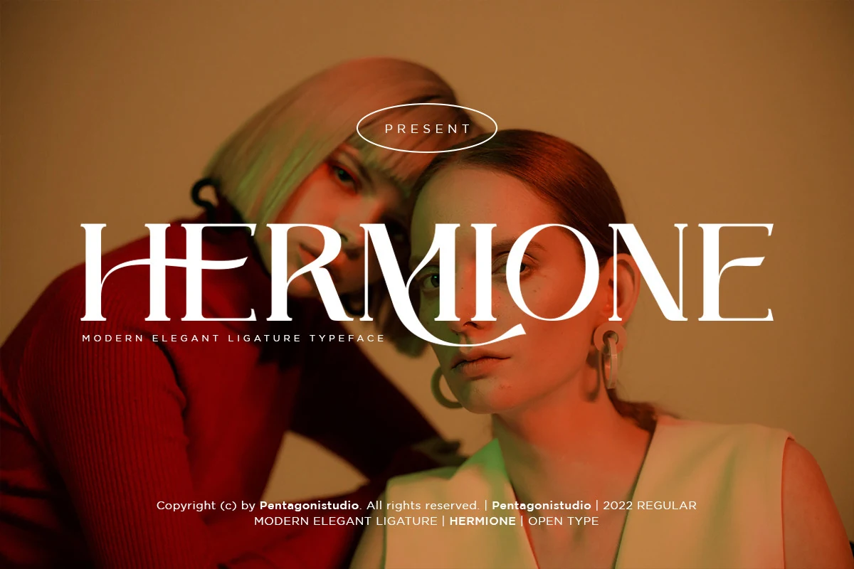 Hermione Modern Serif Font preview in bold elegant white serif lettering over a fashion portrait