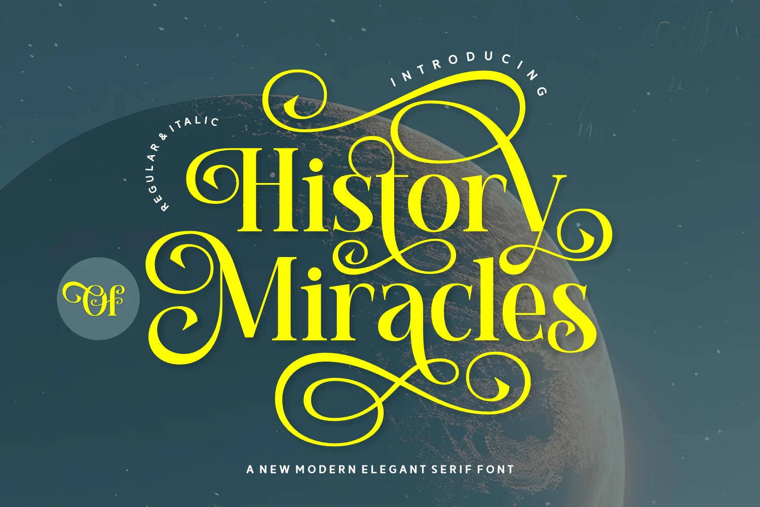 History of Miracles Font preview with ornate serif lettering, high contrast, and long decorative swashes