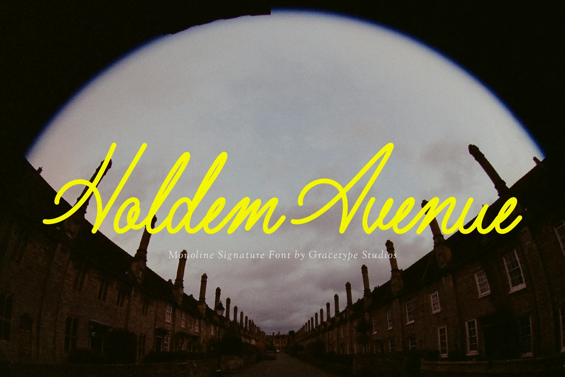Holdem Avenue Font preview in bright yellow monoline signature script with tall loops