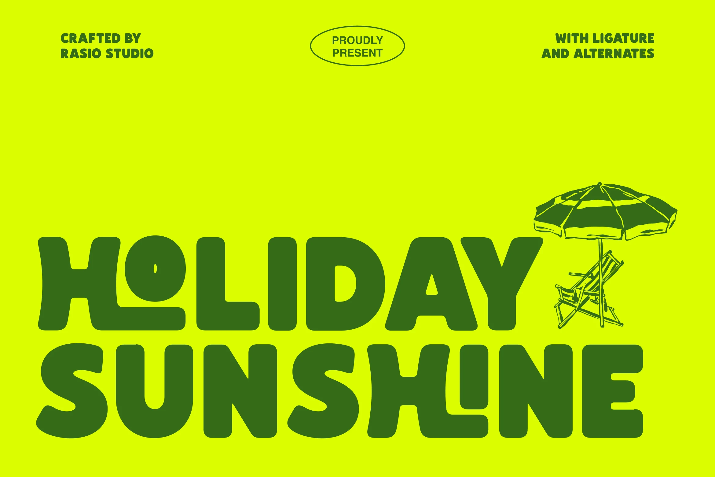Holiday Sunshine Font preview with bold rounded green lettering on a bright lime background
