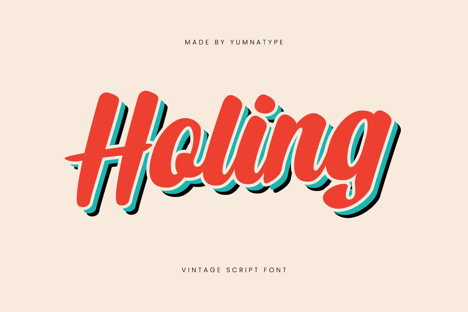 Holing Font preview with red bold vintage script, rounded strokes, and layered shadow