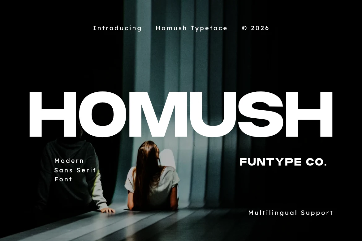 Homush Font preview in bold wide uppercase modern sans serif lettering