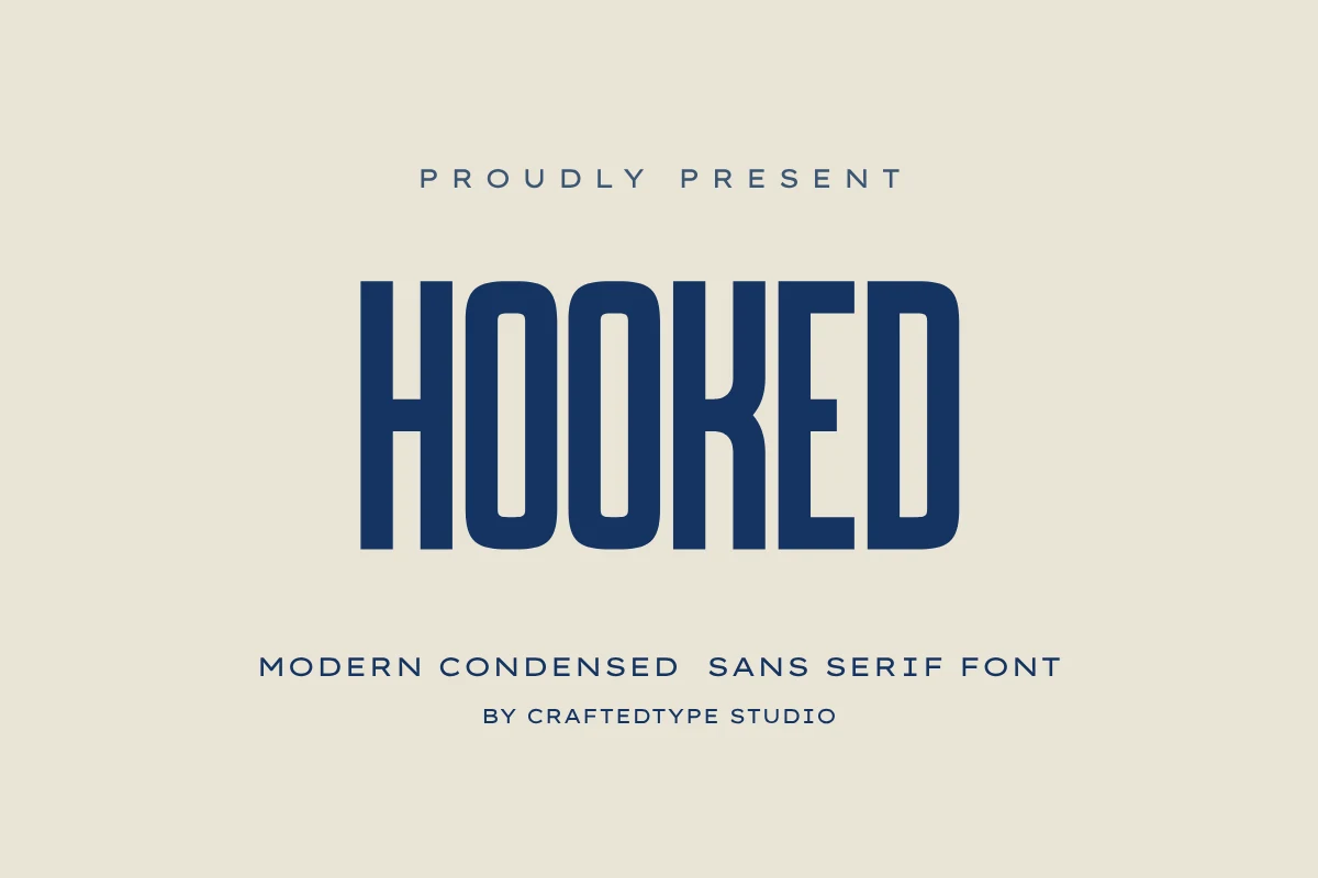 Hooked Font preview with narrow blue condensed sans serif lettering