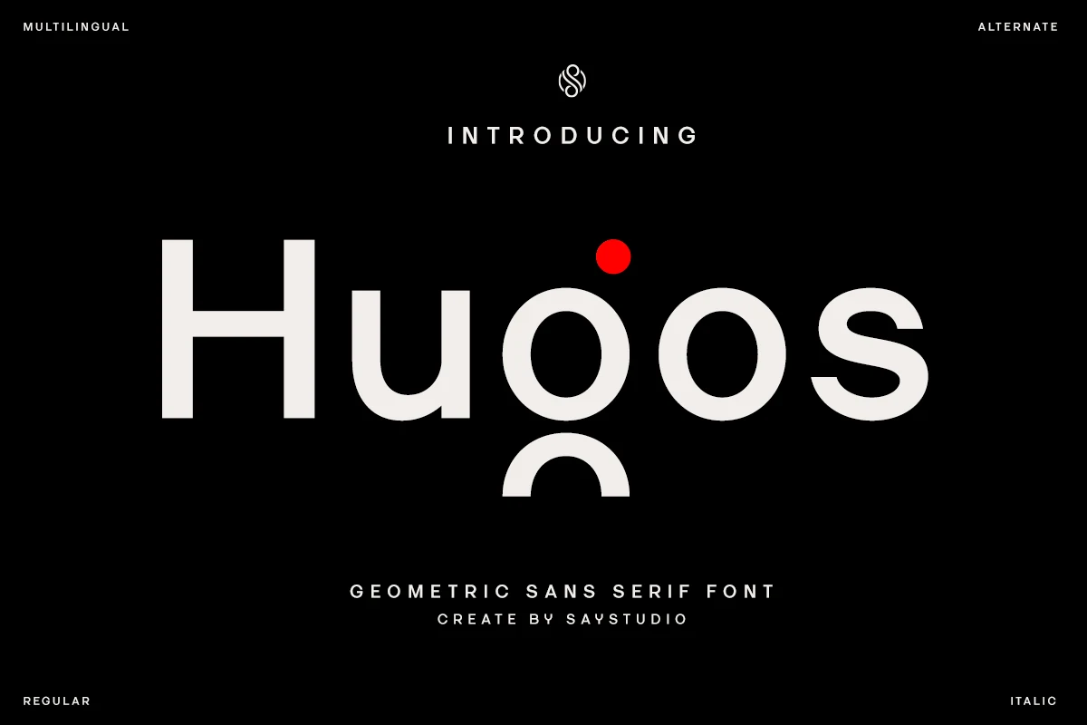 Hugos Font preview with rounded geometric sans serif lettering and a distinctive lowercase g