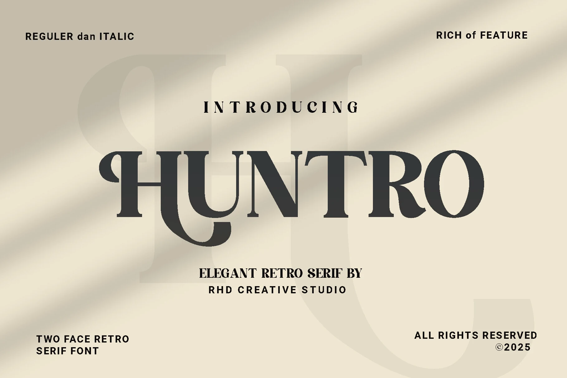 Huntro - Elegant Retro Serif Font preview in bold retro serif lettering with high contrast and sculpted curves