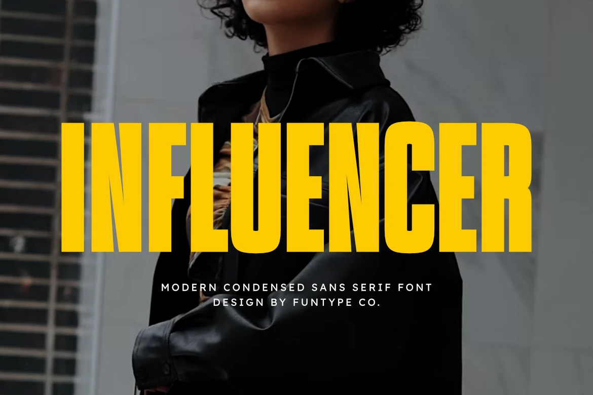 Influencer Font preview with bold yellow condensed sans serif lettering