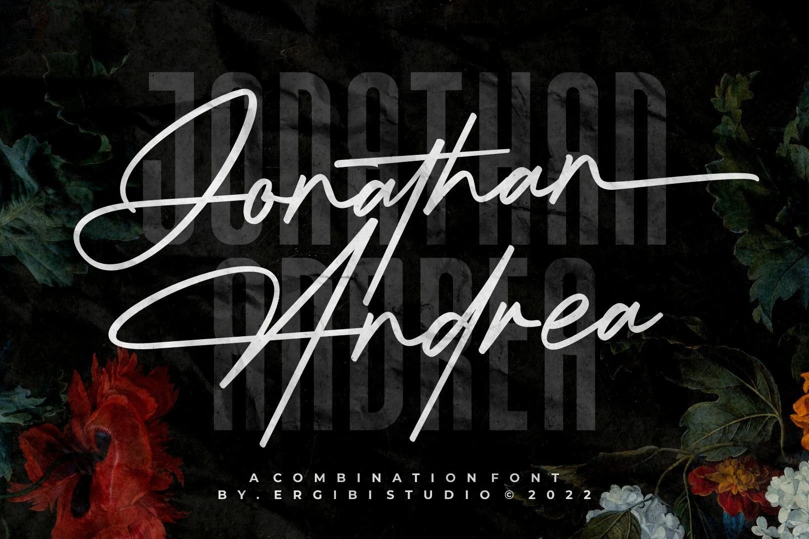 Jonathan Andrea Font preview with white signature script over bold condensed sans lettering