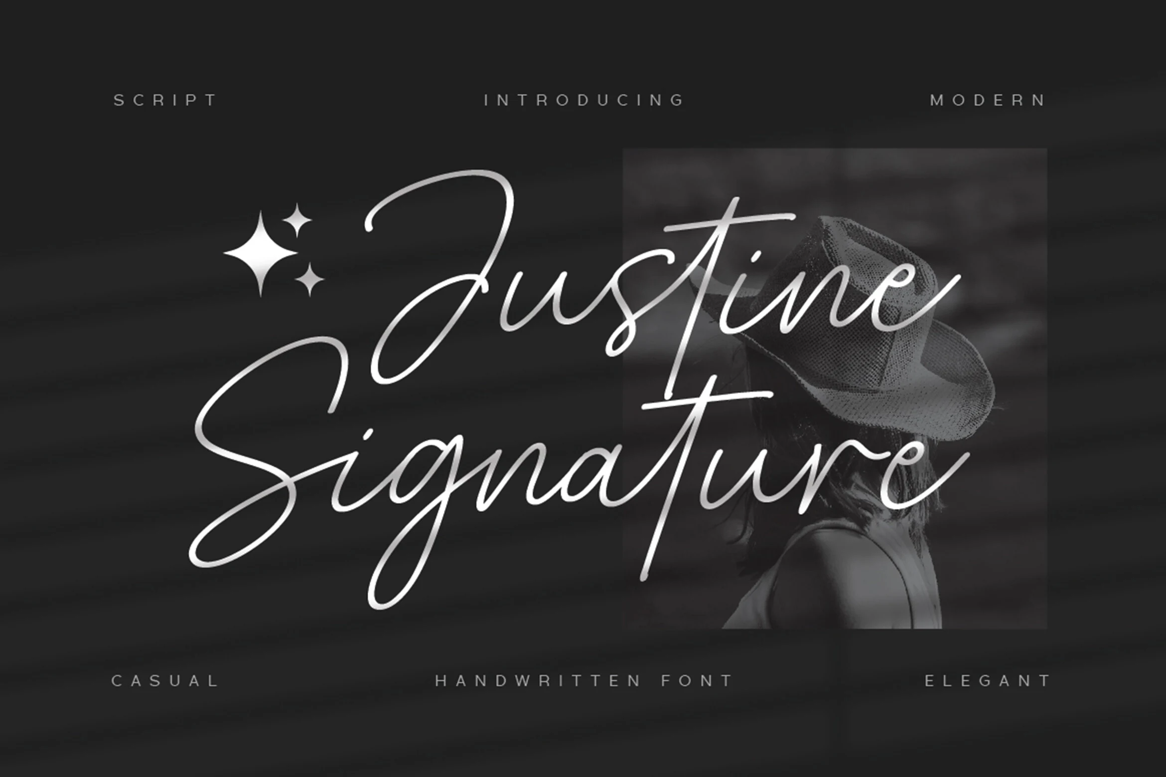 Justine Signature Font preview in thin white handwritten script with long sweeping strokes