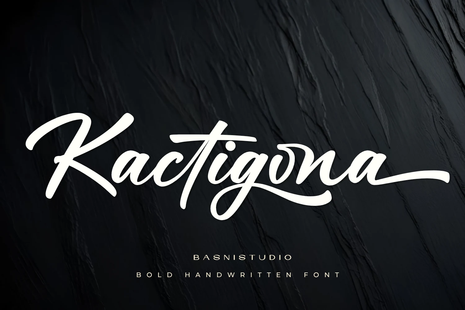Kactigona Font preview in bold white handwritten script with a sweeping K and underline swash