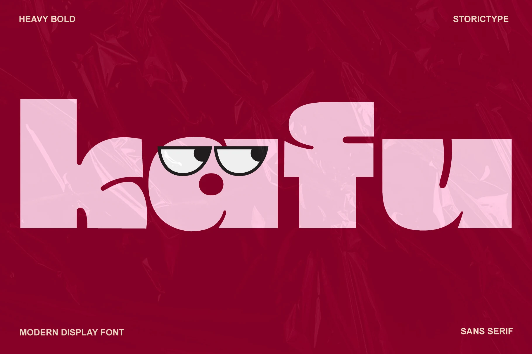 Kafu Font preview with chunky pale pink rounded letters and bold geometric shapes