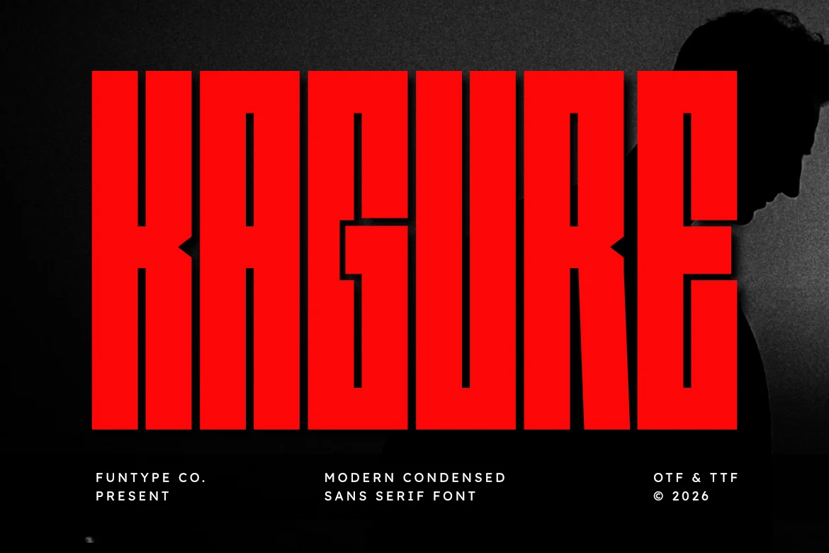 Kagure Font preview with bold red condensed block lettering