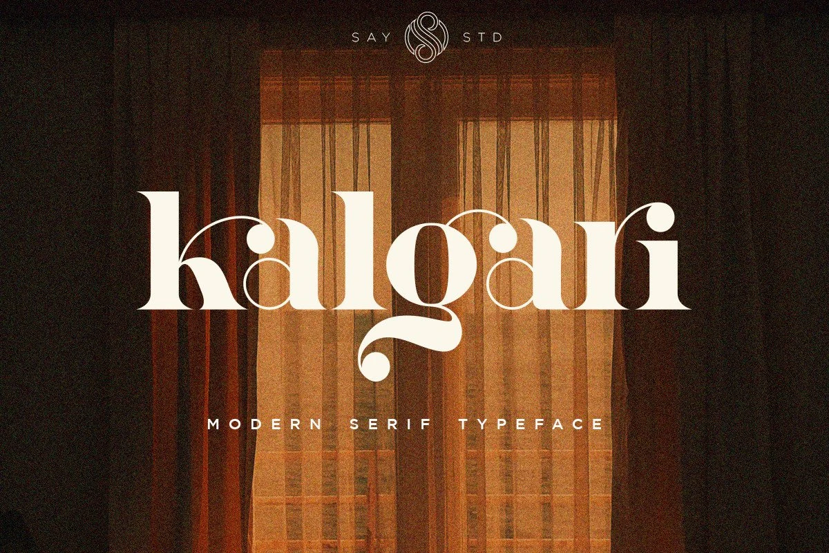 Kalgari Font preview with bold high-contrast serif lettering and a curled descender