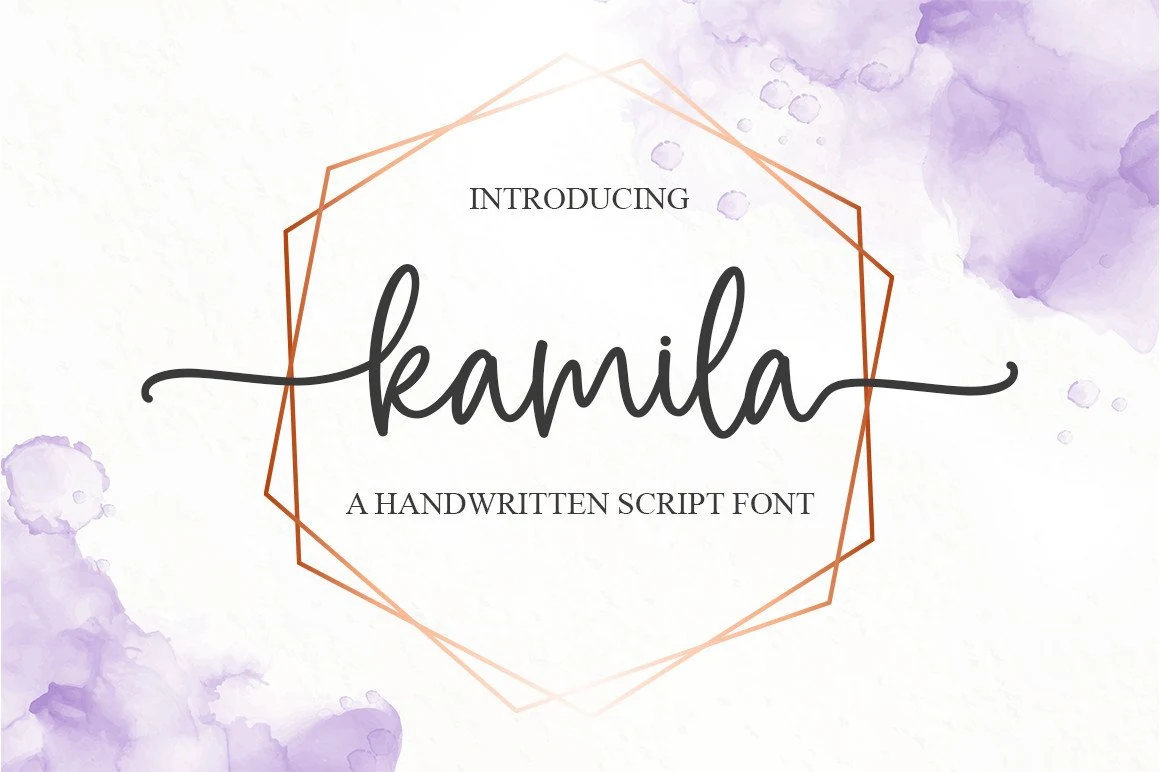 Kamila Font preview with dark gray handwritten script, smooth curves, and long side swashes