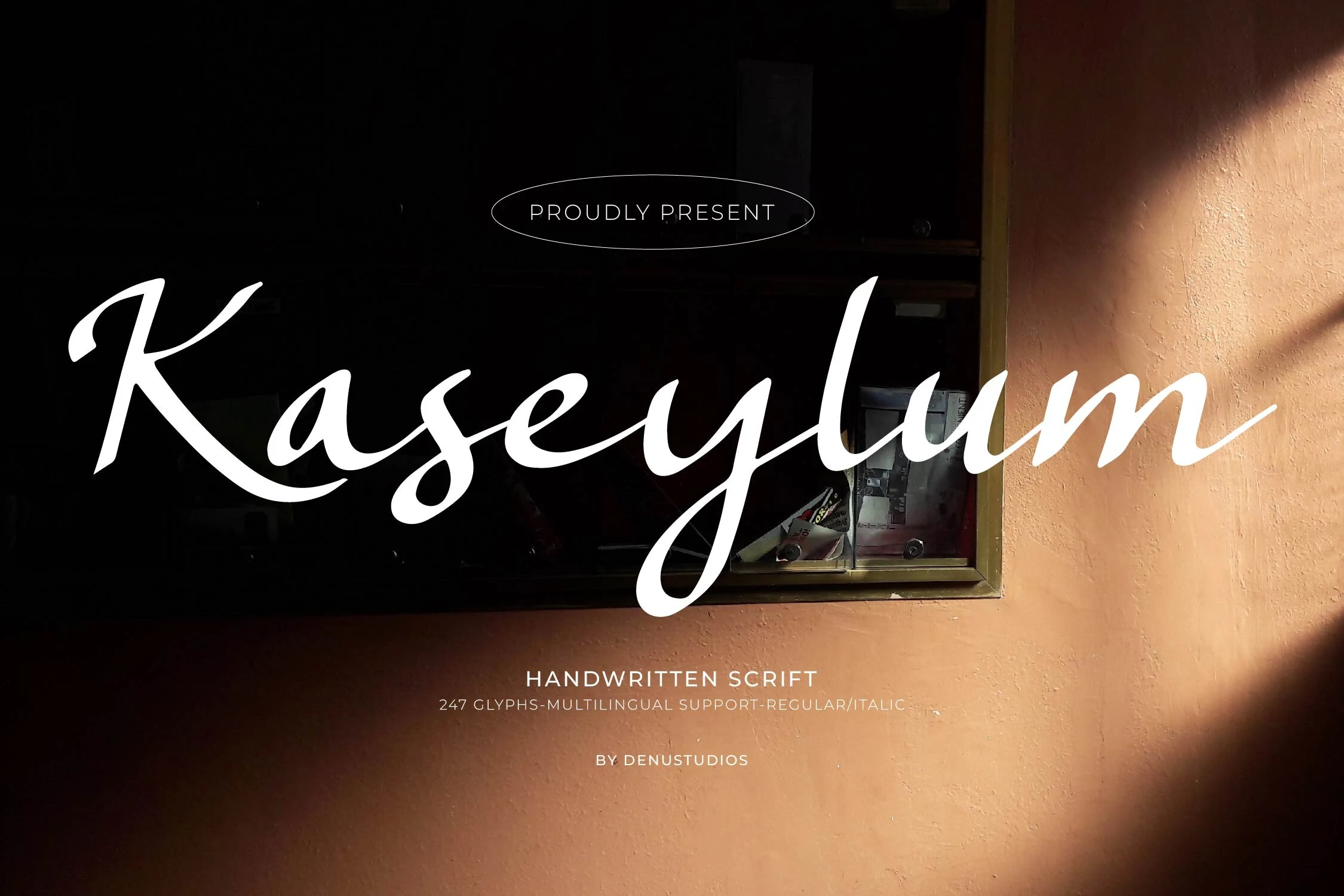 Kaseylum Font preview in bold white handwritten script with sweeping capitals and a long descending y