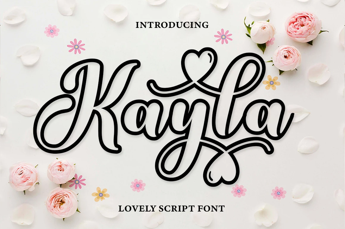 Kayla Outline Font preview in bold black outlined script with heart swashes