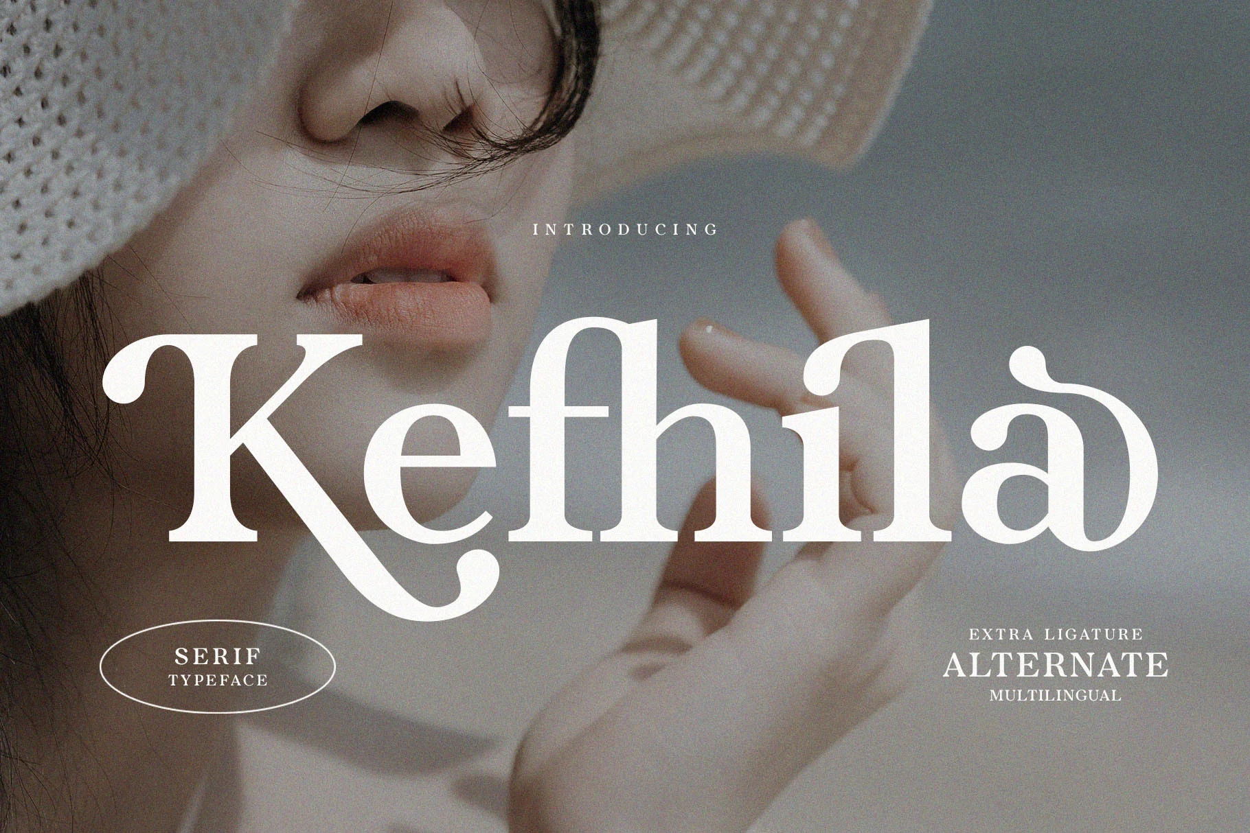 Kefhila Font preview in white expressive serif lettering with soft organic curves over a muted portrait background