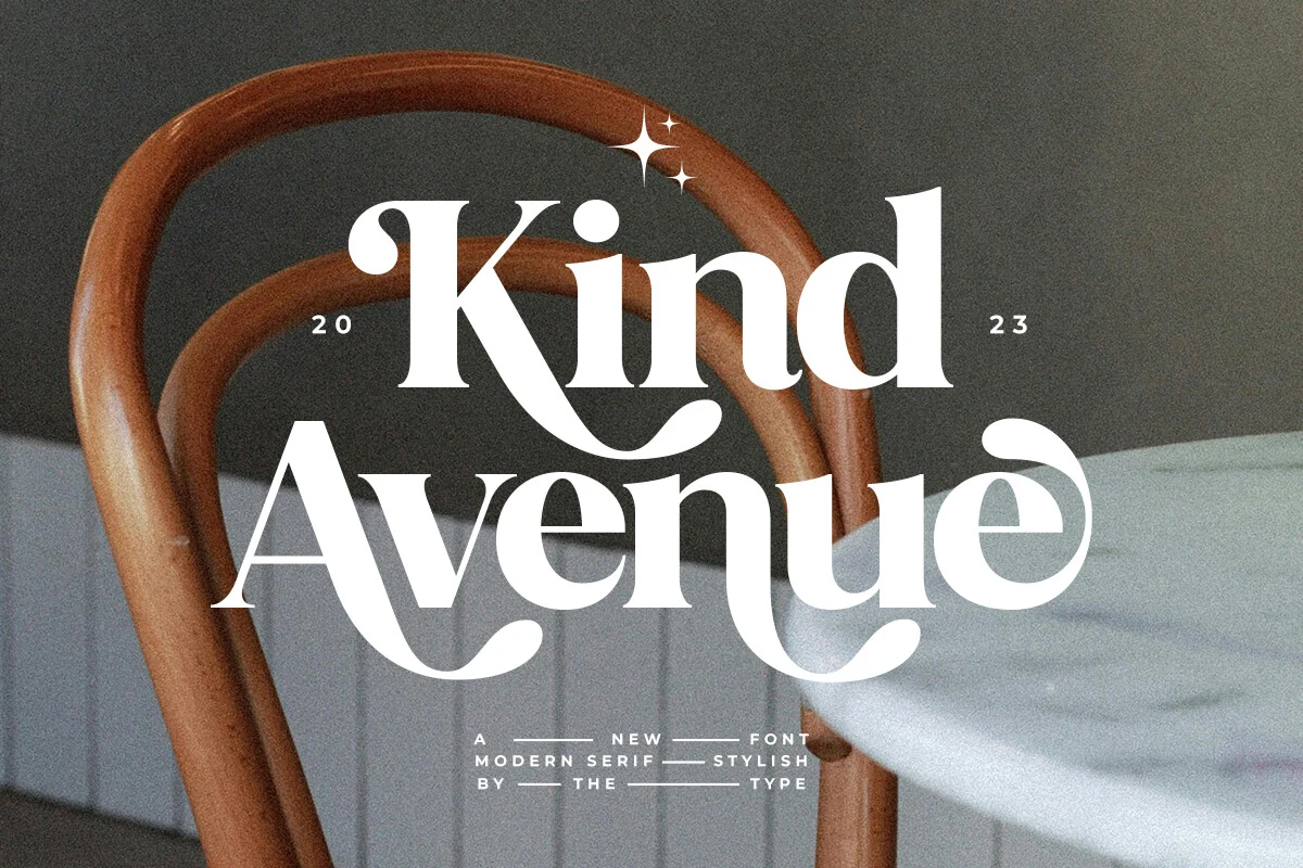 Kind Avenue Font white retro serif lettering with high contrast strokes and swashy curves