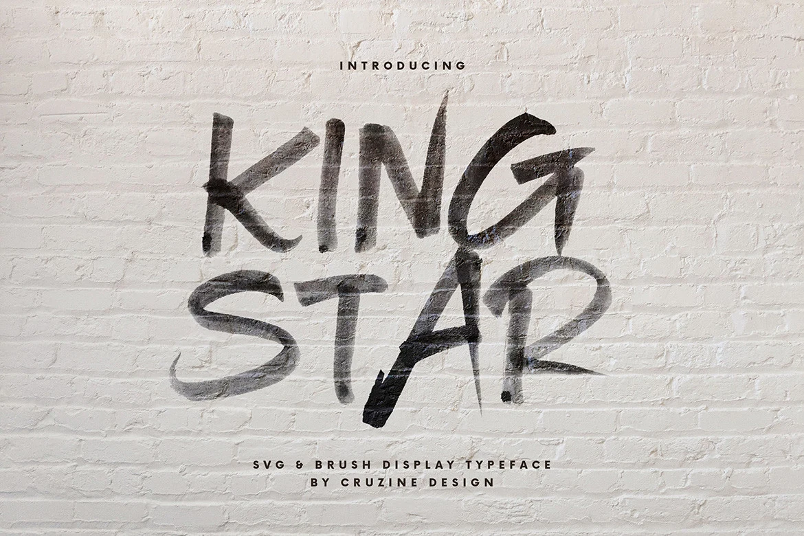 King Star Font preview in rough black all-caps brush lettering with dry texture