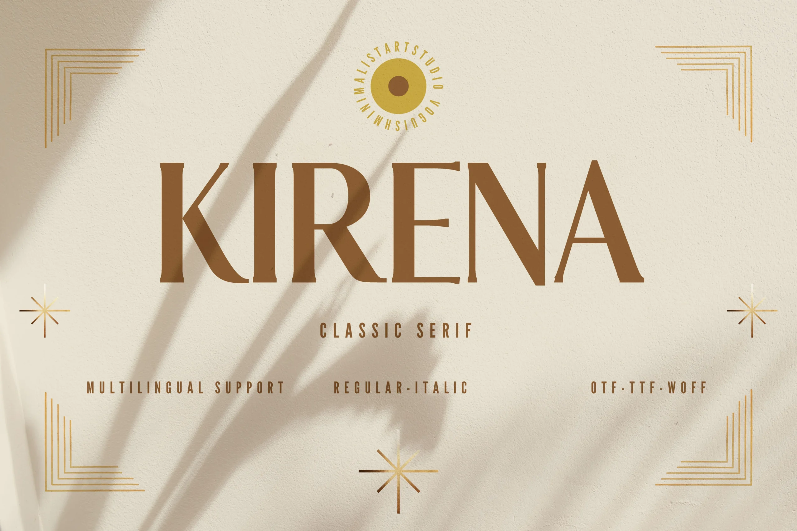 Kirena Font preview in warm brown classic serif lettering with tall clean capitals on a cream background