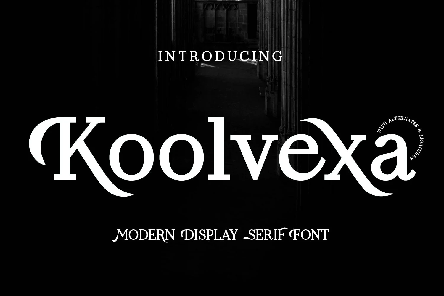 Koolvexa Font preview with high-contrast modern serif letters, sharp curves, and dramatic swashes