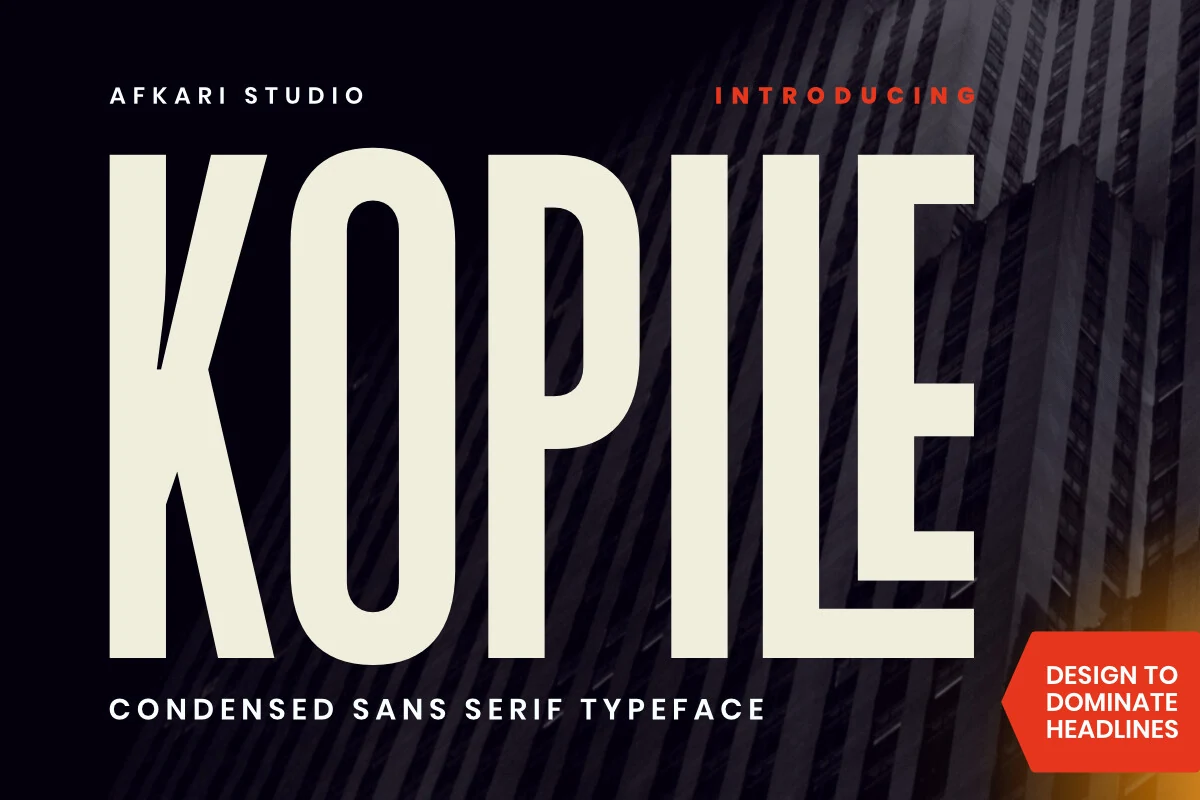 Kopile Font preview with tall condensed sans serif lettering and bold headline style