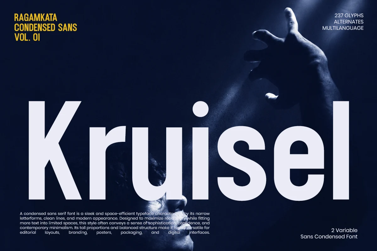 Kruisel Font preview with bold condensed white sans serif lettering