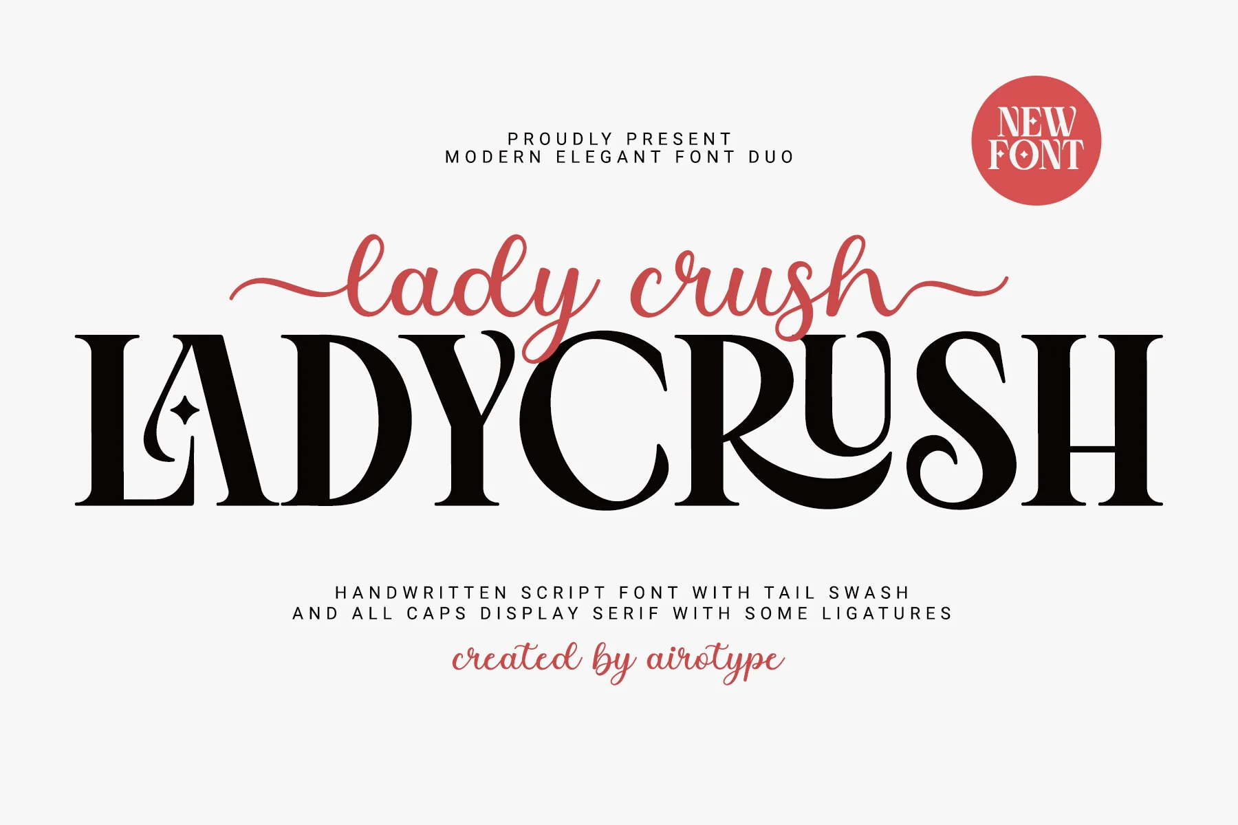 Lady Crush Font preview with coral handwritten script, bold black serif capitals, and long swash tails