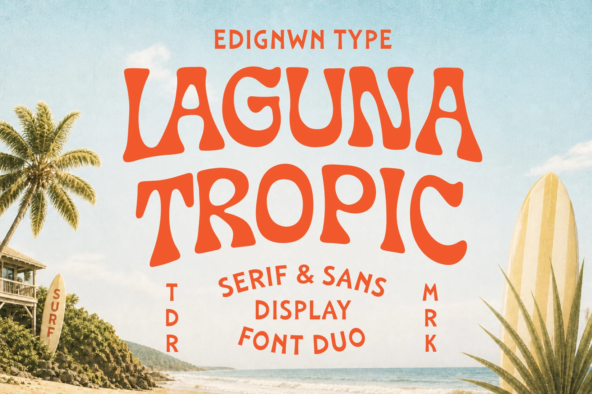 Laguna Tropic Font preview with bold orange wavy retro serif and sans display lettering