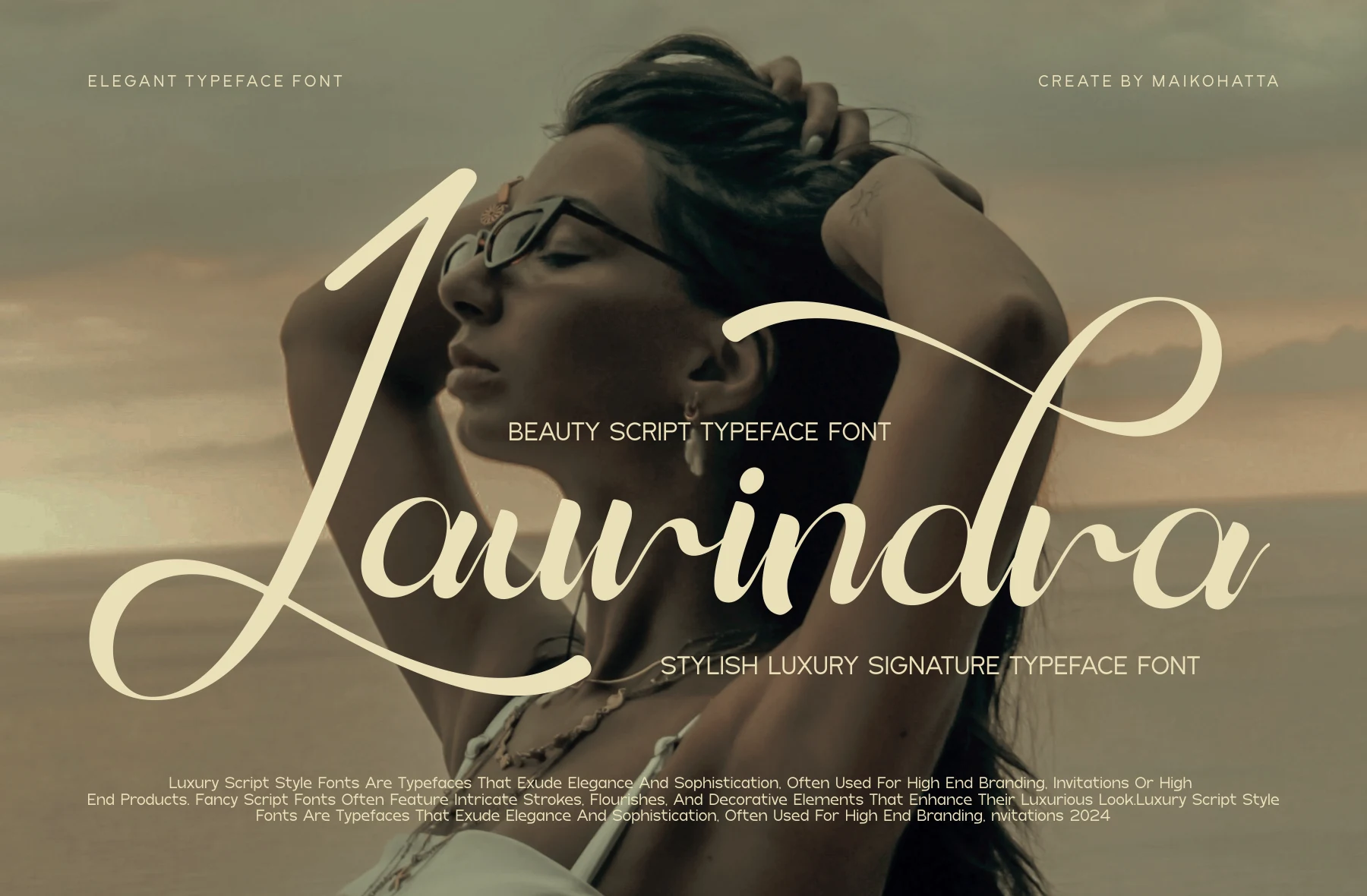 Laurindra Font preview in creamy signature script with sweeping flourishes and elegant connected lettering
