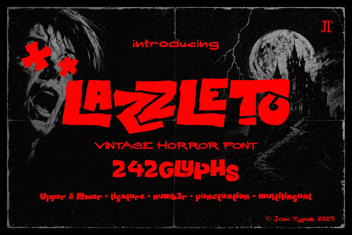 Lazzleto Font preview with jagged red vintage horror display lettering