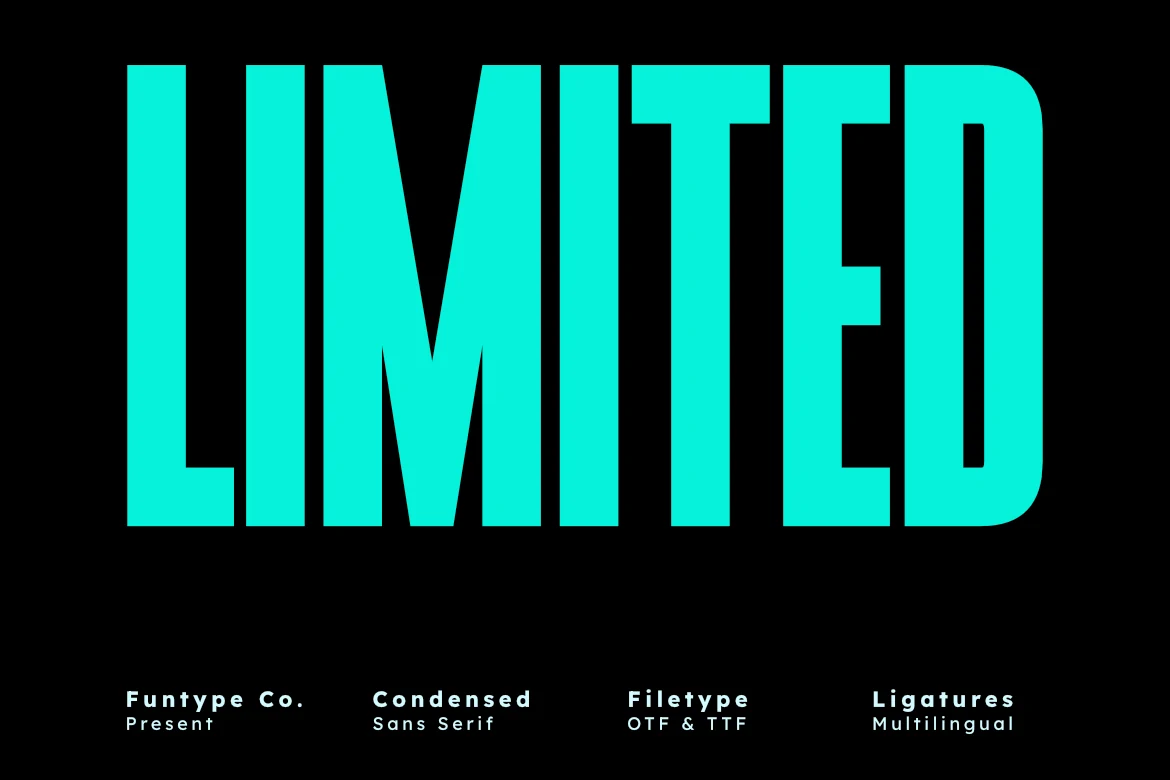 Limited Font preview with tall turquoise condensed sans serif lettering