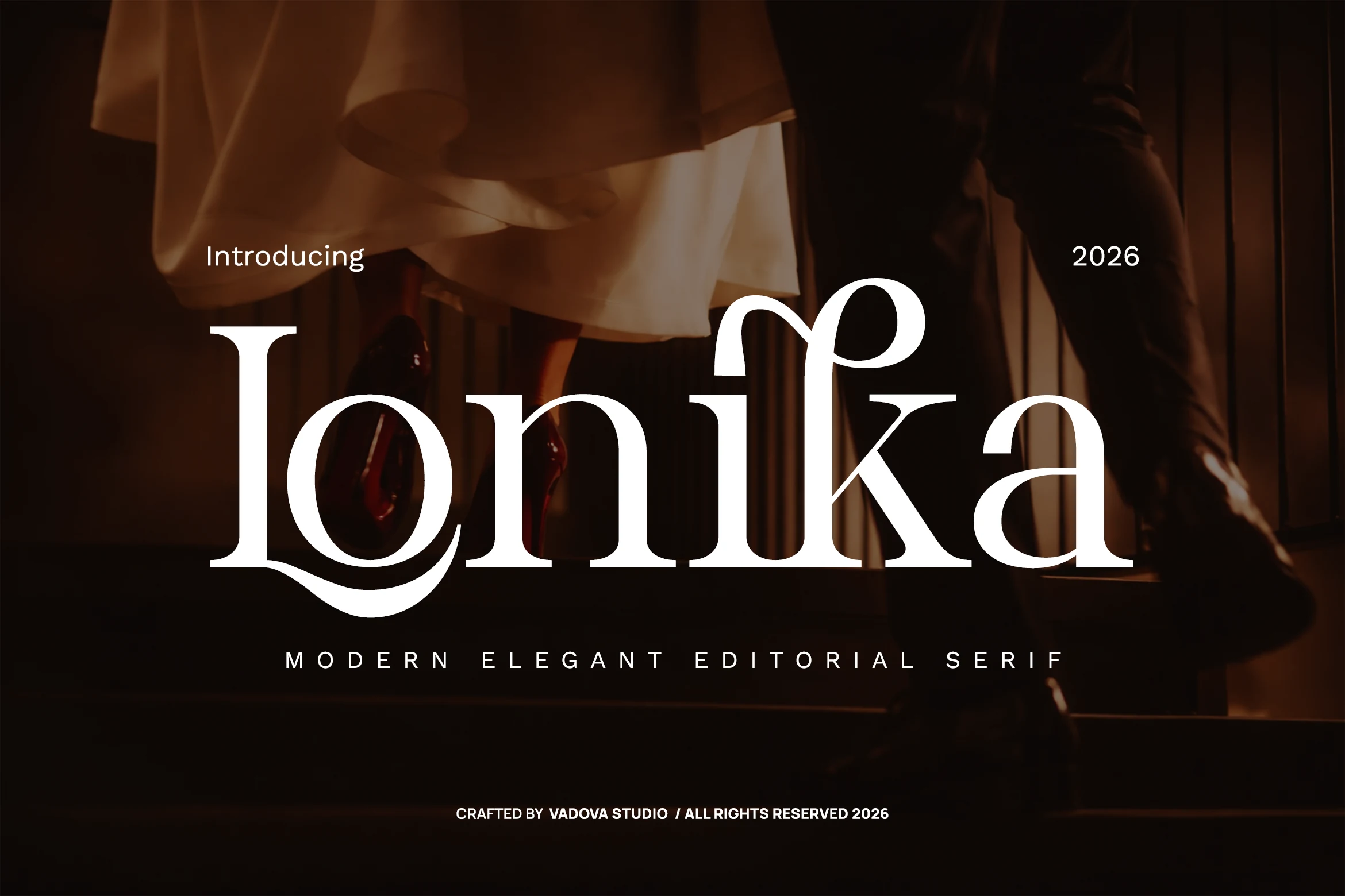 Lonika Font preview with white high-contrast serif lettering, refined curves, and a swash loop