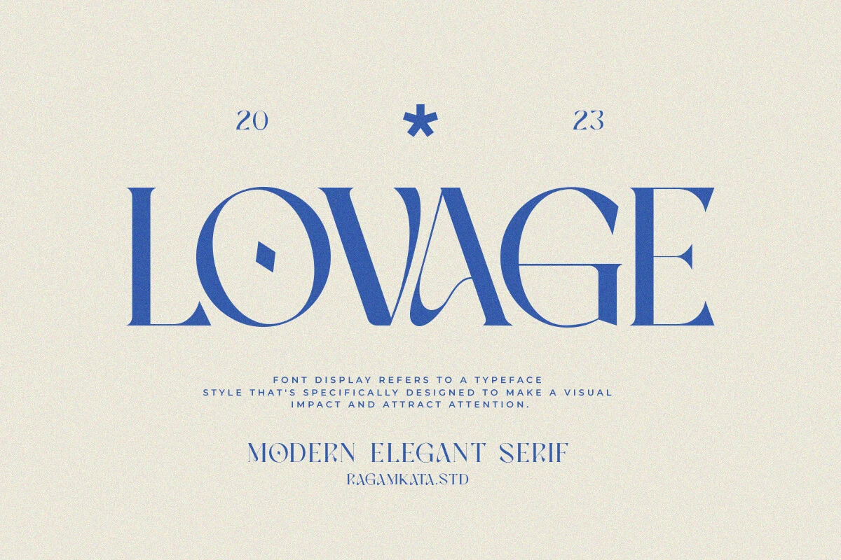 Lovage Font preview showing bold blue serif lettering with high contrast and sculpted curves