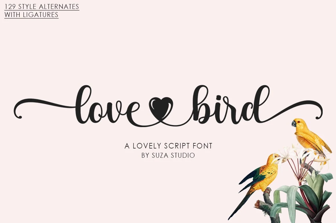 Love Bird Font preview with black calligraphy script, long swashes, and a heart accent