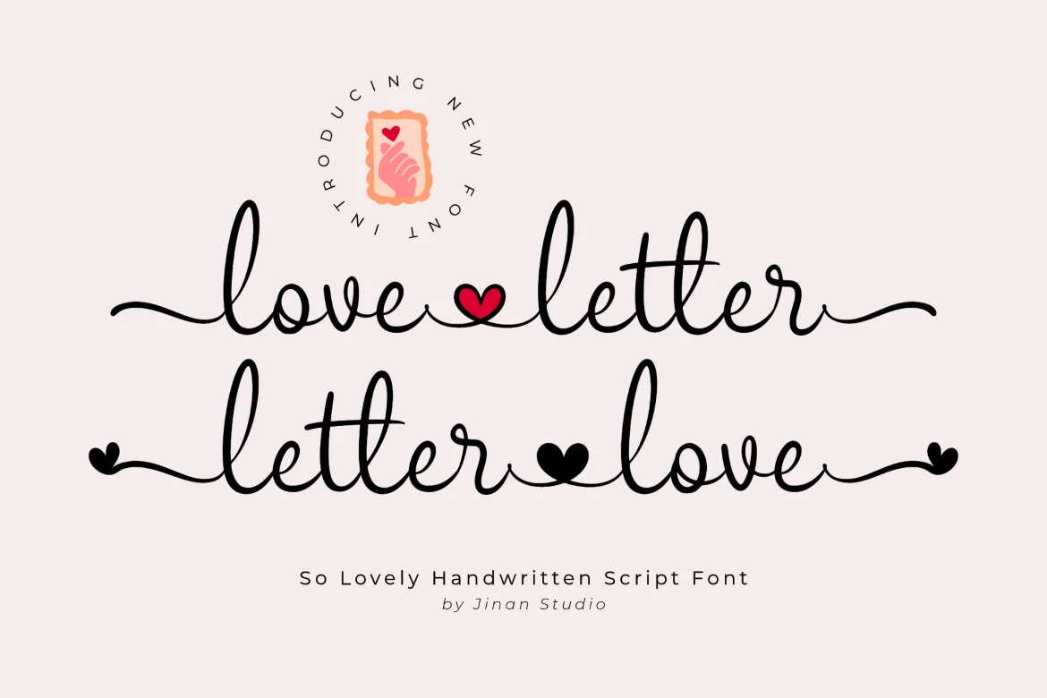 Love Letter Font preview with flowing black handwritten script, long swashes, and heart accents