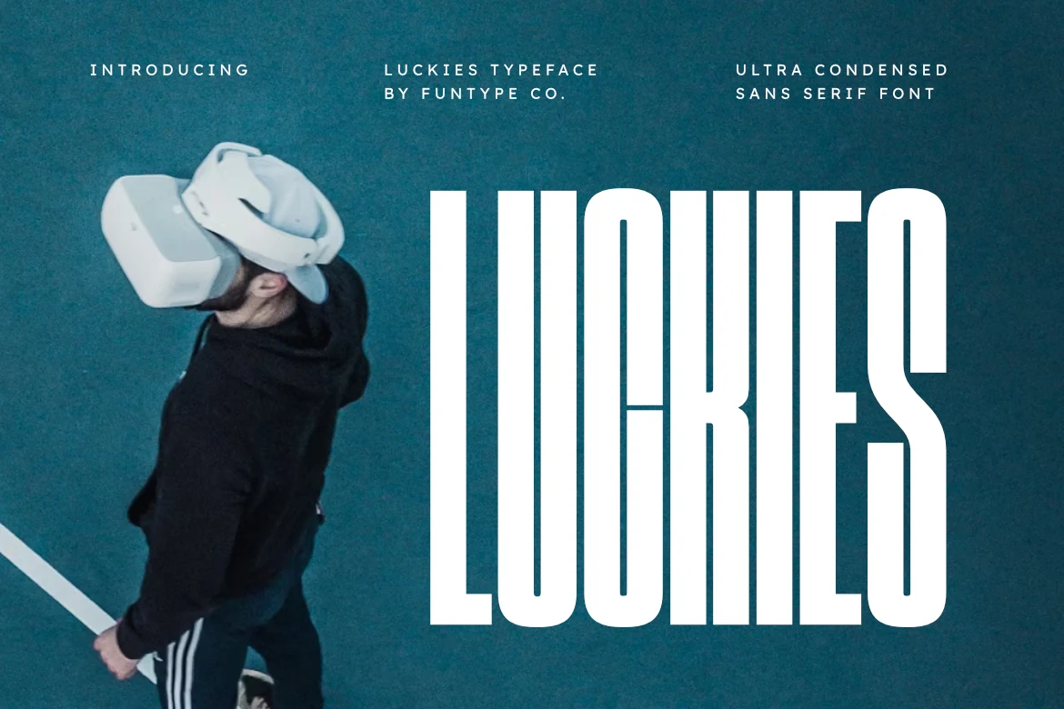 Luckies Font preview with tall white ultra-condensed sans serif lettering