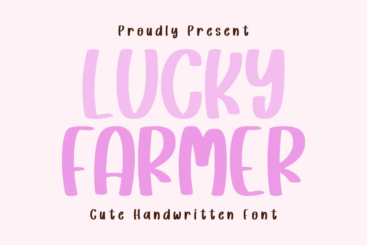 Lucky Farmer Font preview with tall rounded pink handwritten letters and a soft playful look