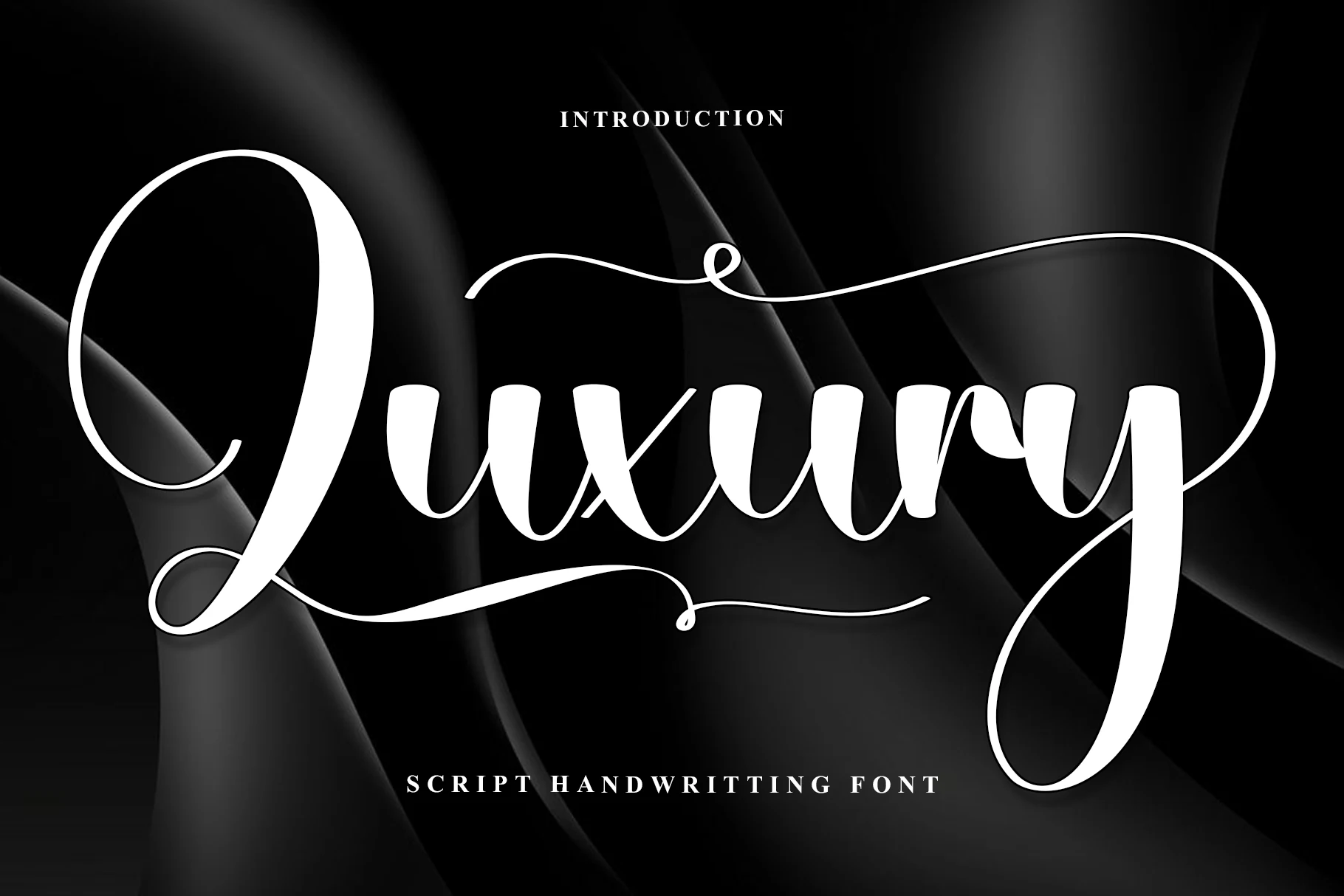 Luxury Font preview in white italic handwriting with long looped strokes and clean flowing curves