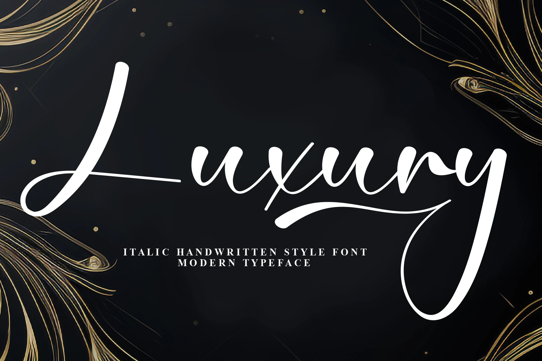 Luxury Font preview in white italic handwritten script with thick rounded strokes and sweeping swashes