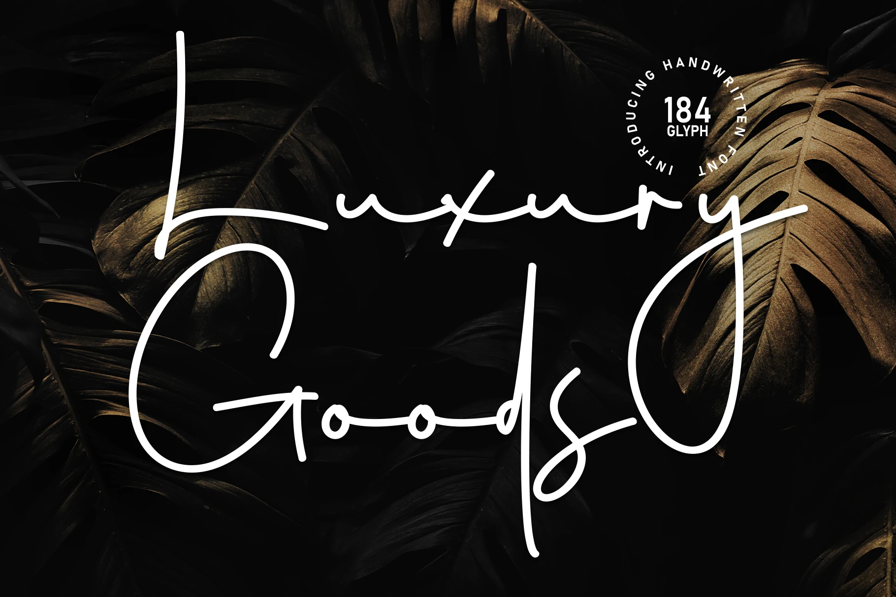 Luxury Goods Font preview in thin white handwritten script with long loops and smooth flowing strokes